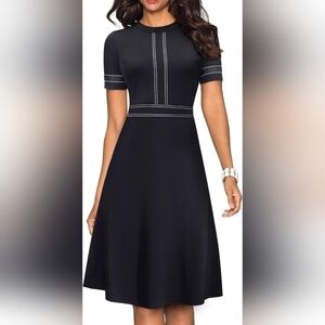 Black Midi A-Line Dress with Crew Neck and Cuffed Short Sleeves
